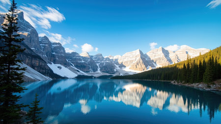 Experience the breathtaking beauty of the Canadian Rockies with this stunning image of a mountain range reflected perfectly in the still waters of Moraine Lake in Banff National Park. A clear blue sky dotted with fluffy clouds hangs above the scenic panorama, showcasing the vibrant colors of summer in this picturesque landscape. Perfect for travel brochures, tourism promotions, or any project seeking to capture the beauty and serenity of nature and the wilderness. This photograph evokes peace and calmness in a pristine environment.の素材