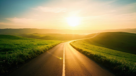 A stunning scenic road winds through vibrant green hills, illuminated by the warm light of either a sunrise or sunset. This picturesque countryside landscape showcases the beauty of the outdoors with an asphalt highway leading towards the horizon. The golden hour casts a beautiful glow on the fields and grass, evoking feelings of peaceful tranquility and freedom. This image is ideal for travel brochures, websites promoting travel destinations, or any project needing a visually striking representation of adventure and the open road.の素材