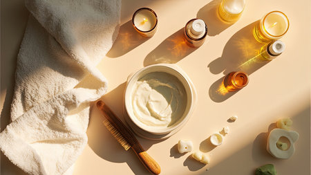 Indulge in a moment of serene relaxation with this inviting spa scene. Soft natural sunlight bathes a collection of spa essentials, including lit candles, cream, and oil bottles. This image, perfect for illustrating beauty, skincare, and wellness concepts, also features a wooden comb, and a neutral, pastel aesthetic. Ideal for promoting self-care, spa treatments, and aromatherapy, this flat lay composition conveys a sense of calm and healthy living.の素材