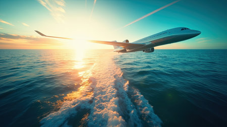 Witness the breathtaking beauty of an airplane gracefully traversing the sky during a vibrant sunset. This stunning image captures an aircraft in flight over a vast ocean, the golden hour casting a warm, golden glow upon the waves and sea. A perfect scene for travel and tourism projects, it evokes feelings of freedom, adventure, and serene travel experiences. Ideal for use in air travel promotions, vacation brochures, or any project aiming to portray a beautiful journey.の素材
