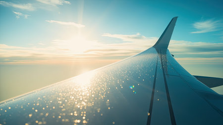 Capture the beauty of aviation with this stunning image of an airplane wing set against a vibrant blue sky. Bathed in the warm sunlight of sunrise or sunset, the wing's intricate details are highlighted, creating a scenic and peaceful atmosphere. Ideal for travel blogs, aviation websites, and travel brochures, this photograph evokes a sense of freedom and adventure. The aerial view features soft clouds, bokeh effects, and a wide horizon, perfect for depicting flight and the journey of travel.の素材