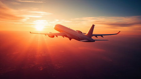 An airliner ascends into a breathtaking sunset, its silhouette sharply defined against a canvas of fiery orange and red hues. This captivating aerial view showcases a commercial airplane bathed in the warm sunlight of golden hour, creating a sense of freedom and adventure. Perfect for illustrating air travel, international travel, or a vacation theme, this image evokes the wonder of flight and the allure of a travel destination. The beautiful sky, dotted with clouds, and the implied horizon below create a scenic and panoramic visual.の素材