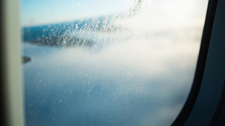 Witness a serene view from an airplane window as seen from inside an aircraft. This image captures the beauty of air travel, displaying condensation as water droplets cling to the glass, contrasting against the vast blue sky and fluffy white clouds. A unique perspective on a sunny day, offering a scenic glimpse of a high altitude journey. Ideal for illustrating themes of travel, vacation, aviation, and the peaceful experience of a flight.の素材