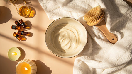 Indulge in tranquility with this serene spa setting, perfect for visualizing relaxation and wellness. The overhead shot showcases a collection of natural skincare products, essential oils, and lit candles arranged artfully on a soft beige background. This flat lay arrangement evokes a sense of calm, ideal for promoting beauty treatments, spa days, and self-care routines. The image's warm tones and sunlight create a luxurious atmosphere, perfect for showcasing organic skincare products and highlighting a healthy lifestyle.の素材
