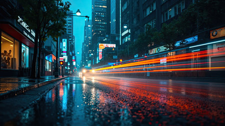 Vibrant neon signs illuminate a slick city street after a heavy rainstorm, creating stunning reflections on the wet asphalt.  Nighttime lights blend with the blurred streaks of traffic, capturing the speed and motion of the urban landscape. This artistic and moody cityscape, a striking blend of blue and orange hues, represents a modern downtown scene. Perfect for commercial or lifestyle content, this photography could enhance designs focused on travel, architecture, or futuristic themes.の素材