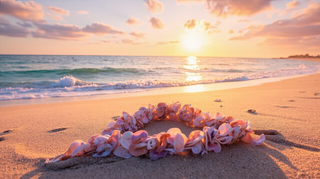 Bask in the golden hues of a breathtaking sunset painting the ocean waves as they meet the sandy beach. This tropical scene showcases the ultimate vacation escape, featuring a flower lei adding a touch of Hawaiian charm. Capture the idyllic beauty of a paradise destination, perfect for travel brochures, websites promoting summer holidays, or artwork evoking calm and serene feelings. Explore this romantic landscape of waves, sun, and flowers, a truly beautiful and scenic vista.の素材
