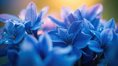 A captivating close-up reveals the exquisite beauty of vibrant blue flowers. Delicate petals, illuminated by soft lighting, showcase intricate details and textures, enhancing their natural elegance. Tiny water droplets add a touch of freshness to the macro shot. This serene floral composition, with its dreamy bokeh background, is ideal for adding a touch of beauty to designs, websites, or serving as elegant wallpaper. Perfect for botanical, artistic, and decorative applications.の素材