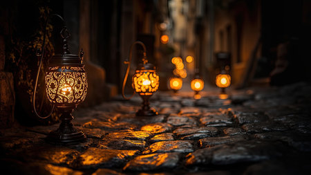 At dusk, antique lanterns cast a warm, inviting glow along a cobblestone street, transforming a historic alley into a scene of enchanting ambiance. The ornate metal lamps illuminate the path, their golden light reflected on the aged stones, creating a moody atmosphere filled with shadows and bokeh. This image evokes a sense of mystery and storytelling, perfect for travel, tourism, and destination marketing campaigns. Capture the charm of old towns with this beautiful depiction of European architecture.の素材
