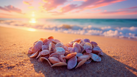 Capture the essence of romance with this stunning close-up of heart-shaped seashells delicately arranged on a sandy beach shoreline. Bathed in the warm golden hour sunlight of a breathtaking sunset, the ocean forms a serene backdrop. This dreamy image evokes feelings of love, tranquility, and relaxation. Ideal for travel blogs, websites, or romantic holiday promotions, it showcases the beauty of nature and the serenity of a coastal summer scene. The soft pastel colors and macro details highlight the sea and shells, creating a picturesque moment of peace.の素材