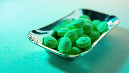 A close-up, studio shot showcases vibrant green pills meticulously arranged in a gleaming silver dish, resting on a serene teal surface. This macro image highlights the oval-shaped capsules, suggesting medication or supplements. The contrasting colors and precise composition create an aesthetically pleasing still life, ideal for illustrating pharmaceutical concepts, healthcare visuals, or articles related to health, wellness, treatment, and pain relief. This image is suitable for use in pharmacy, medical, and prescription-focused materials.の素材