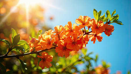 Capture the essence of spring with this stunning close-up image of vibrant orange flowers in full bloom. Set against a backdrop of a clear, blue sky and bathed in bright sunlight, the floral display on a delicate branch offers a striking contrast. This natural beauty, showcasing intricate petal details, makes for a captivating visual. Ideal for use in marketing materials, website designs, or print projects that aim to evoke feelings of serenity, growth, and the joy of the summer season.の素材