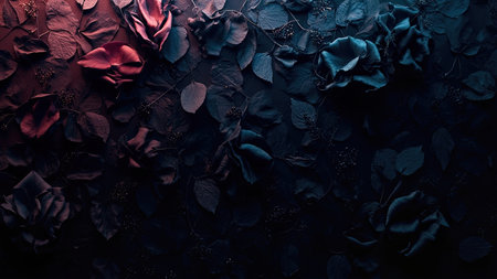 A striking, close-up view showcases a dramatic and moody floral composition. Vivid red and blue tinted flowers and lush foliage create a captivating contrast. This artistic arrangement features intricate petals and leaves, rendered in a sophisticated ombre effect. Perfect for backgrounds, design elements, or adding a touch of beauty and elegance to editorial projects. Explore the depth of color and texture in this modern botanical study, ideal for creating visually stunning displays.の素材