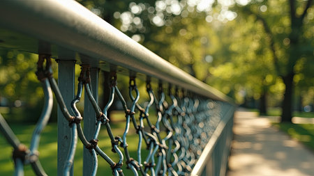 Capture the essence of tranquility with this stunning image featuring a bridge railing in a lush park. Bathed in sunlight on a sunny day, the metal handrail guides the eye toward a blurred background of vibrant green foliage and trees. The use of bokeh adds a dreamy quality, making this ideal for illustrating concepts of peaceful nature, calm environments, and recreation. Perfect for travel blogs, websites promoting outdoor activities, or any project seeking a touch of idyllic beauty.の素材