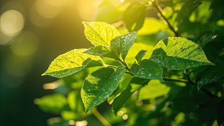 Vibrant green leaves, glistening with delicate water droplets, are illuminated by warm golden sunlight in this stunning close-up photograph. The natural bokeh background enhances the serene atmosphere, highlighting the freshness and intricate detail of the plant foliage. This macro shot captures the essence of summer, perfect for illustrating themes of nature, growth, and eco-friendliness. Ideal for use in environmental projects, wellness publications, and botanical studies, the image evokes a feeling of tranquility and natural beauty.の素材