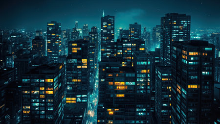 Experience the vibrant energy of a nighttime cityscape. Tall skyscrapers pierce the inky sky, their buildings alive with lights that paint the skyline in a stunning display of color. This urban panorama showcases a modern metropolis in its full glory, with an illuminated cityscape creating a dramatic atmosphere. Perfect for projects visualizing real estate, architecture, urbanization, or contemporary design, this image captures the beautiful essence of a thriving city at night.の素材