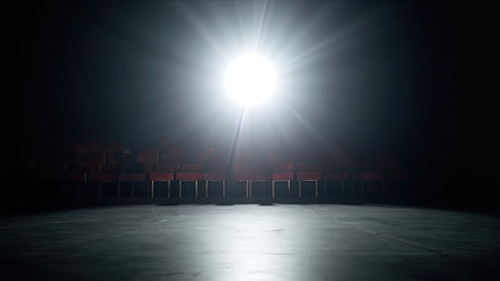 A bright stage spotlight dramatically illuminates rows of empty theatre seats against a stark black background. The powerful light creates a stunning spotlight effect, drawing attention to the performance space. This image is perfect for illustrating theatre, theater, or concert venues, as well as concepts of entertainment, showtime, or upcoming events. Use it to enhance presentation materials, backgrounds, or promotional content that requires a touch of dramatic flair and artistic appeal. The stage is set.の素材