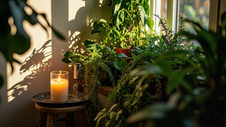 Experience the serene atmosphere of this cozy interior scene. A single lit candle casts a warm glow on a glass holder, illuminating lush green plants and creating intriguing shadows. The natural sunlight streams through a window, bathing the scene in a tranquil light. This still life composition evokes feelings of relaxation and peacefulness. Ideal for illustrating home decor, wellness concepts, or promoting a relaxing lifestyle, the image captures the essence of a comfortable living room environment.の素材