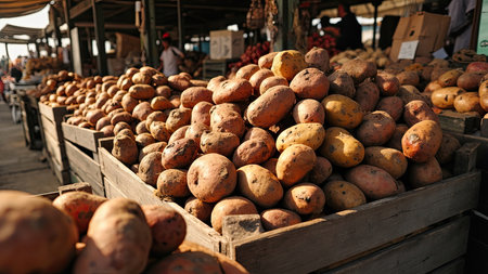 Freshly harvested potatoes are displayed in weathered wooden crates at a bustling farmers market. This image captures the vibrant colors and textures of fresh produce, showcasing a bountiful harvest. The scene highlights organic and local food, perfect for illustrating concepts of healthy eating, nutrition, and seasonal ingredients. Ideal for culinary websites, cookbooks, or articles on agriculture and farming, this detailed, close-up photograph offers a rustic and natural view of these essential vegetables.の素材