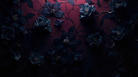 A stunning close-up showcases an elegant floral arrangement of captivating dark blue flowers set against a rich, deep red backdrop. The blue flowers exhibit intricate details and textured petals, creating a moody and dramatic aesthetic. Perfect for luxury designs, vintage art, or gothic-inspired projects, this artistic image evokes elegance and romantic charm. Ideal for wedding invitations, aesthetic wallpapers, and celebration decor, it's a timeless depiction of beauty found in nature.の素材