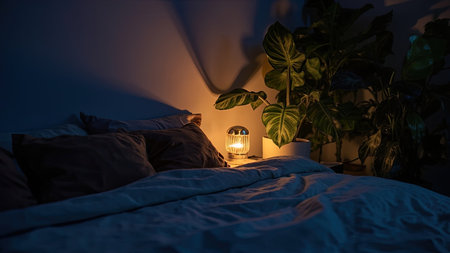 Experience the ultimate in bedroom comfort with this serene image. A cozy atmosphere is created by soft lighting emanating from a decorative lamp, illuminating a plush bed with inviting bedding. Featuring a modern and stylish interior design, the bedroom showcases indoor plants, adding a touch of natural green and enhancing the peaceful atmosphere. Perfect for illustrating concepts of relaxation, wellbeing, and hygge, this image is ideal for home decor, lifestyle publications, and websites focused on calm and restful living.の素材
