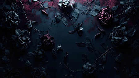 A stunning dark and moody floral arrangement showcases exquisite roses and lush foliage, masterfully composed in a dramatic gothic style. The artistic composition features a rich tapestry of textures and intricate detail, evoking a Victorian charm with a touch of eerie elegance. This romantic image, featuring black roses, blue roses, and red roses, offers a captivating aesthetic for backgrounds, wallpapers, and decorative designs, perfect for conveying themes of dark academia, mystery, and timeless beauty. This antique inspired arrangement is a beautiful display of nature's finest flowers and blooms.の素材