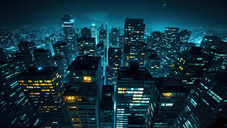 Experience the serene beauty of a nighttime cityscape, where illuminated skyscrapers pierce the dark, blue expanse of the sky. This urban landscape captures the essence of a modern metropolis, showcasing breathtaking architecture and vibrant lights that create a tranquil atmosphere. Perfect for commercial projects, business presentations, or travel and tourism promotions, this digital art piece evokes a sense of peaceful wonder. Its futuristic aesthetic and aerial view perspective make it ideal for designs seeking a contemporary and captivating visual.の素材