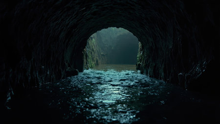 Explore the depths of a dark, natural cave tunnel where water gracefully flows towards a stunning opening. This mysterious image showcases an underground river scene, filled with ambient light that accentuates the stone and rock formations. Perfect for illustrating adventure, exploration, or the beauty of nature, this scenic view offers a tranquil yet moody atmosphere, ideal for travel brochures, environmental campaigns, or artistic projects that evoke a sense of depth and perspective.の素材