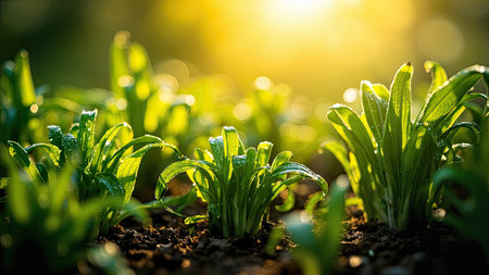 Vibrant green plants flourish in rich, fertile soil, bathed in sunlight, evoking a sense of growth and renewal. Delicate seedlings showcase the beauty of nature up close, glistening with dew drops in the morning light. This macro shot highlights the texture and detail of fresh leaves, perfect for illustrating agriculture, organic farming, and sustainable practices. Ideal for use in eco-conscious branding, wellness, and environmental projects, the image showcases the beauty of spring and the fresh beginning of life.の素材