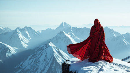 A solitary figure, viewed from behind, stands atop a snow-covered mountain peak, cloaked in vibrant red. The cloak billows in the wind as they gaze out at a panoramic mountain range under a clear sky. This breathtaking landscape evokes feelings of adventure, freedom, and solitude. This epic scene is perfect for travel, outdoor adventure, or inspirational content, emphasizing winter exploration and the beauty of nature. The majestic vista highlights the cold, white wilderness.の素材