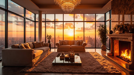 Experience opulent living in this luxury apartment boasting stunning sunset views of a vibrant cityscape. The modern interior design features a cozy fireplace, comfortable sofa, and elegant chandelier. The panoramic view from the expansive window bathes the living room in golden sunlight. Ideal for real estate, lifestyle, and home decor projects, this image captures the essence of an upscale and comfortable residential space. Imagine this dream home, perfect for relaxation and sophisticated living.の素材