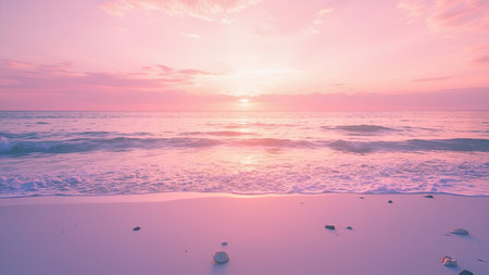 Experience the breathtaking beauty of a serene coastal landscape bathed in the soft, pink and purple hues of a vibrant sunset. Gentle waves lap the shore of a sandy beach, reflecting the sky's pastel colors. This idyllic scene captures the peaceful calmness of nature, perfect for evoking relaxation and dreamy moods. Ideal for travel brochures, wallpaper, or conveying a sense of romantic tranquility, this image offers a stunning backdrop for any project seeking beautiful coastal imagery of the ocean.の素材