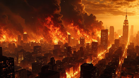 Witness the fiery aftermath in this apocalyptic cityscape. Towering skyscrapers are engulfed in flames, painting the sky a menacing orange. This digital artwork depicts the burning city in a state of utter destruction and disaster, a visual representation of the apocalypse. The burning buildings and dense smoke evoke a sense of devastation and the end of days. Ideal for illustrating themes of climate change, war, global warming, and urban catastrophe.の素材