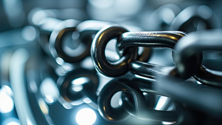 A close-up image captures the intricate detail of a steel chain with a shallow depth of field, creating a captivating abstract effect. The shiny silver metal links reflect light, highlighting the industrial strength and durable nature of the iron structure. This macro detail shot emphasizes connection and security, making it ideal for visualizing concepts of strength, protection, teamwork, or business relationships. This photographの素材