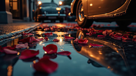 Romantic scene captured at night: vibrant red rose petals strewn across a wet street, reflecting the warm glow of street lights and the sleek lines of classic cars. The reflection on the wet asphalt creates a bokeh effect, enhancing the moody lighting and sense of romance. Ideal for conveying love, beauty, and elegance in projects related to vintage themes, luxury, or romantic concepts. Use this image for advertisements, websites, or artistic endeavors.の素材