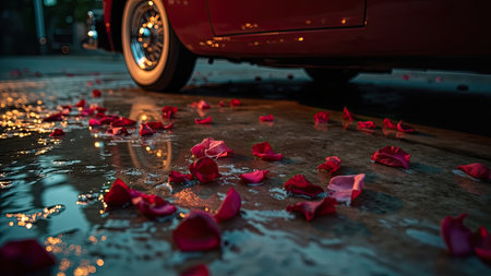 A close-up, moody shot captures a classic red car amidst a romantic scene. Rose petals are scattered across a wet ground, reflecting the vehicle's elegance. This vintage car, a symbol of romance and love, is perfect for projects related to weddings, anniversaries, or special dates. The dramatic lighting and blurred background, with soft bokeh, evoke a cinematic feel, ideal for illustrating passionate moments and a luxurious lifestyle.の素材