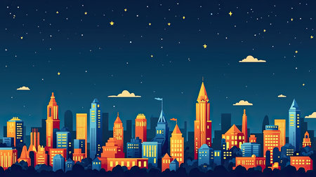 A vibrant illustration depicts a modern, stylized cityscape at night. Bold skyscrapers and other buildings form a dynamic skyline against a colorful night sky filled with stars and clouds. This vector design showcases a panoramic view of an illuminated downtown urban environment, suitable for business, travel, and tourism projects. The colorful and abstract aesthetic makes this a perfect background or wallpaper for digital or print applications. This graphic perfectly captures the evening horizon and dusk ambiance of a metropolis.の素材