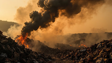 A catastrophic landfill fire rages, engulfing waste and trash in devastating flames and thick, black smoke. This image captures the severe environmental pollution caused by the burning garbage, a stark depiction of an environmental disaster. The toxic smoke billows into the sky, contributing to air pollution and highlighting the dangers of improper waste management. This visual powerfully illustrates climate change concerns and can be used to communicate the impact of hazardous waste and promote responsible waste disposal practices. The dramatic sunset backdrop enhances the picture's impact.の素材