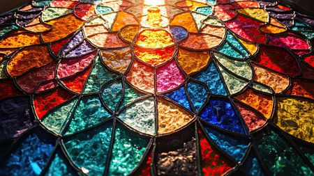 A striking close-up showcases the intricate beauty of a stained glass window, its surface alive with colorful, abstract shapes. The vibrant interplay of multicolored light creates a mesmerizing pattern of geometric forms, reflecting a sense of artistic design. This macro detail of the stained glass reveals a fascinating texture, ideal for architecture, design, or religious themed projects. The bright, transparent display would be stunning as a background element or incorporated in any project needing a burst of color.の素材