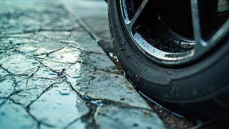 A striking close-up captures a wet car wheel resting on weathered, cracked pavement. The water droplets clinging to the tire and pavement surface beautifully reflect the light, creating a captivating visual of rain and weather. This image showcases intricate detail with a macro lens, emphasizing the texture of the asphalt and the metallic sheen of the wheel. Ideal for automotive and transportation projects, this image can also enhance content on urban themes, travel, or articles about luxury vehicles and sleek designs.の素材