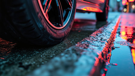 Capture the vibrant energy of a city at night. This striking image showcases a car wheel on a wet asphalt street, reflecting dazzling neon lights after a rain shower. The close-up detail reveals a stunning interplay of light and shadow, with red and blue hues illuminating the wet surface and water drops. Perfect for projects related to urban design, automotive, travel, or adding a modern, stylish touch to your visuals. This photograph conveys a sense of night time, transportation, and the unique atmosphere of a cityscape.の素材