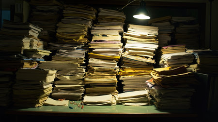 A close-up shot captures an overwhelming pile of papers and documents sprawled across a desk surface, illuminated by an overhead light. This image portrays the concept of workload overload, clutter, and the challenges of administration. The chaotic display of paperwork suggests potential issues of organization, disorganization, deadlines, and bureaucracy. Ideal for illustrating articles on business problems, projects, audits, legal matters, data analysis, or the need for efficient file management, this image speaks to the realities of office life.の素材