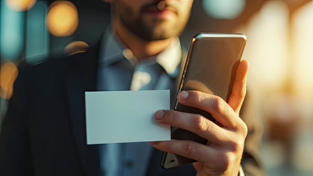 A professional businessman holds a modern smartphone and a blank business card, symbolizing crucial contact and business information. This image captures the essence of communication and networking in today's digital world. The blurred background with bokeh and sunlight adds a professional ambiance suitable for corporate presentations or meeting scenarios. Ideal for illustrating concepts like technology, mobile access, and easy sharing of business details, this photograph provides ample copy space for branding or messaging.の素材