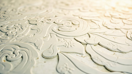 A detailed, close-up view reveals the intricate beauty of a white relief sculpture showcasing a delicate floral and ornamental design. The carving displays a rich texture and pattern, highlighting the fine detail of the plaster relief. This antique and vintage piece exhibits signs of age with a weathered and faded appearance. The elegant and aesthetic artwork with its swirl and leaves design provides a striking element for design projects, architecture visualizations, and creative backgrounds.の素材