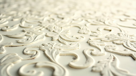 An elegant, close-up view showcases a delicate cream-colored, embossed floral pattern with a subtle texture. This decorative design features a perspective that enhances the intricate details of the leaf and flourish motifs, reminiscent of vintage and antique styles. Perfect as a wallpaper or background element, its soft and subtle aesthetic lends itself well to a variety of design projects, including classical and baroque themed applications. The ornamental detail and the white surface provide a beautiful, elegant feel.の素材