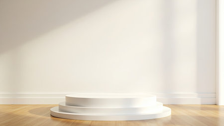 A sleek, minimalist white podium provides an elegant product display against a plain background bathed in natural light. This 3D render showcases a blank stage, perfect for product presentations, marketing campaigns, and exhibitions. The clean, modern interior features a wood floor and subtle shadows, adding depth to the simple design. Use this mockup template to showcase your product in a professional and eye-catching way, highlighting its features and promoting its appeal with style.の素材