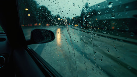 Raindrops cascade down a car window, obscuring the view of blurred lights and the wet road ahead. This moody, cinematic image captures the essence of a rainy evening commute. The selective focus creates a beautiful bokeh effect, highlighting the atmospheric conditions. Perfect for illustrating themes of driving, travel, and the aesthetic beauty of autumn weather. Ideal for use in articles, websites, and social media posts relating to transportation, vehicle experiences, or the moody atmosphere of a rainy night.の素材