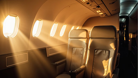 Experience the pinnacle of air travel comfort. This image showcases a luxurious airplane interior, bathed in sunlight streaming through the windows. Featuring plush seats and elegant interior design, this photograph highlights the luxury and comfort of a business class or private jet experience. Perfect for showcasing air travel concepts, travel industry promotions, or illustrating the joys of a relaxing journey, this image evokes feelings of warmth and elegance.の素材