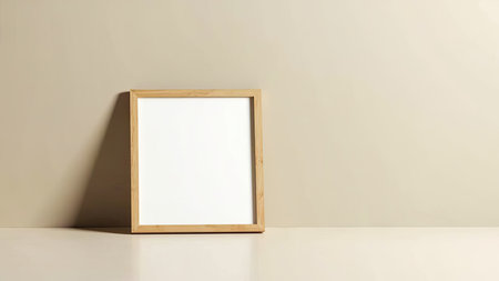 Elevate your art or design with this elegant wooden picture frame mockup. Featuring a blank, white surface against a neutral background, it's ideal for showcasing your poster designs, branding projects, or gallery artwork. The mockup's minimalist aesthetic, soft shadows, and ample copy space create a clean and modern feel. Perfect for presentation or advertisement needs, this horizontal shot offers a sophisticated touch to your interior decor or home lifestyle content.の素材