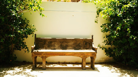 An antique wooden bench rests peacefully in a shaded outdoor garden, offering a serene spot for relaxation. Surrounded by lush green foliage and a white wall, the bench exudes a vintage, classic charm. This rustic scene, bathed in sunlight and shadow, highlights intricate details of the aged, weathered bench. Ideal for illustrating concepts of leisure, nature, and tranquility, this image is perfect for editorial, design, and background use.の素材