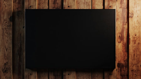 A weathered, dark blackboard or screen rests against a charming, rustic wooden background, perfect for showcasing creative concepts. The brown wood features visible grain and texture, creating a warm, inviting feel. This blank board offers ample copyspace for advertising, design mockups, product display, announcements, or invitation cards. Its vintage aesthetic adds a touch of retro charm, ideal for presentations and various design projects. The contrast between the black and the wood offers a perfect backdrop.の素材